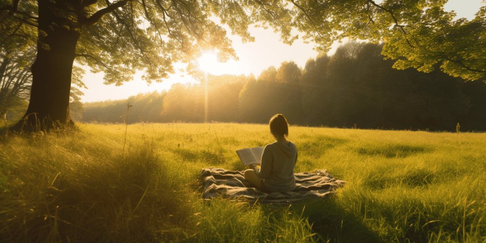 A person meditating in a sun drenched meadow