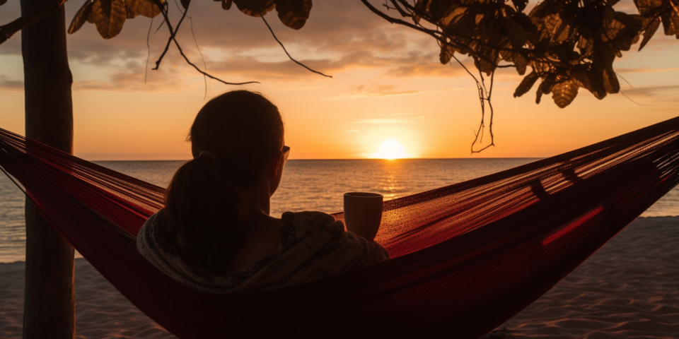 A woman sitting in a hammock gazing out at a beach sunset