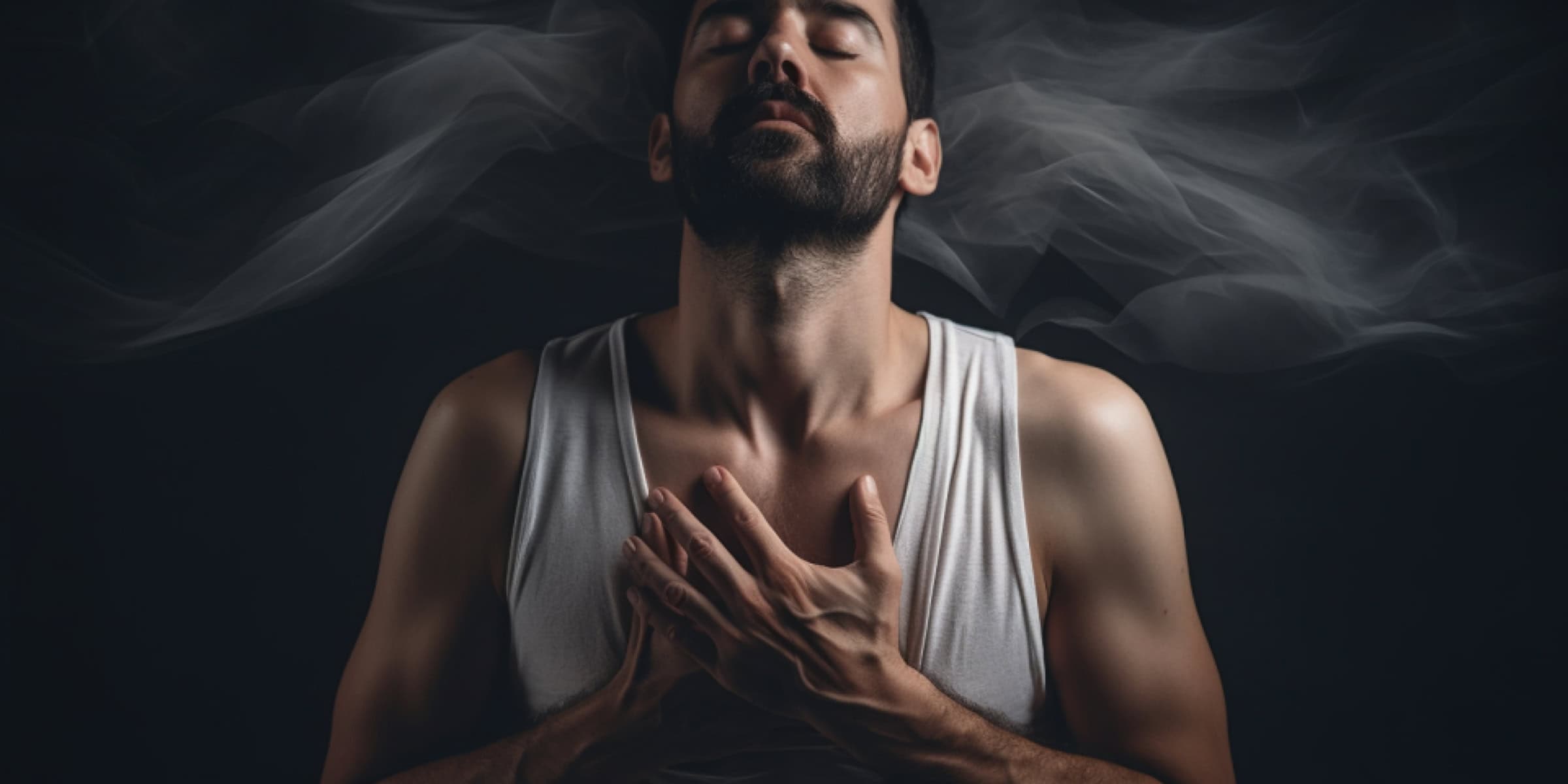 man inhaling relaxing breath