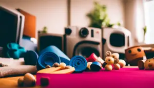 An image highlighting a cluttered living room with scattered toys, a TV blaring, and a pile of laundry, contrasting with a serene corner featuring a yoga mat and a plant, representing the obstacles to practicing yoga at home