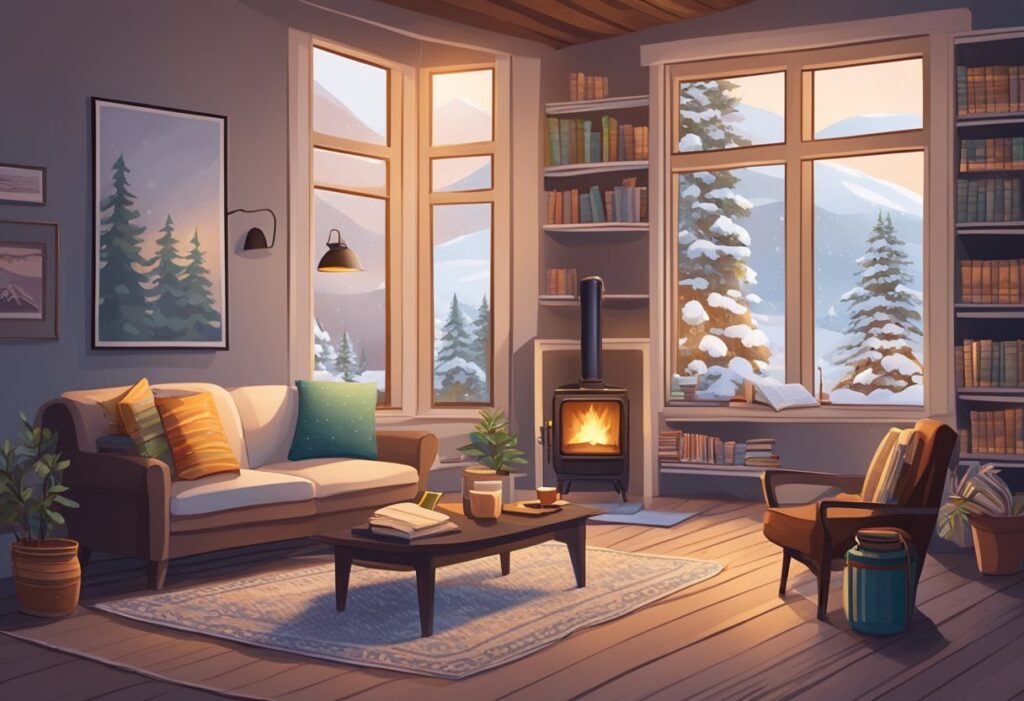 A winter living room with a fireplace and windows.
