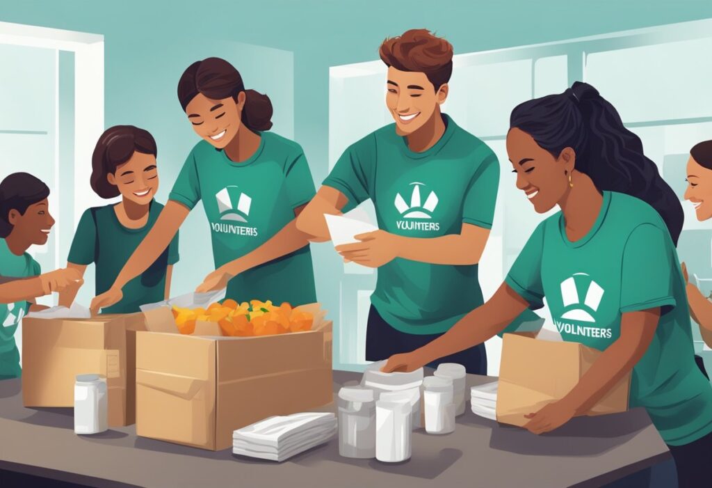 A group of people in green t shirts are preparing food.