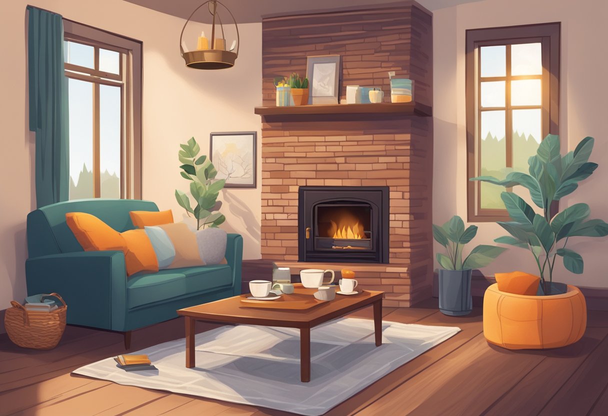 A cartoon illustration of a living room with a fireplace.