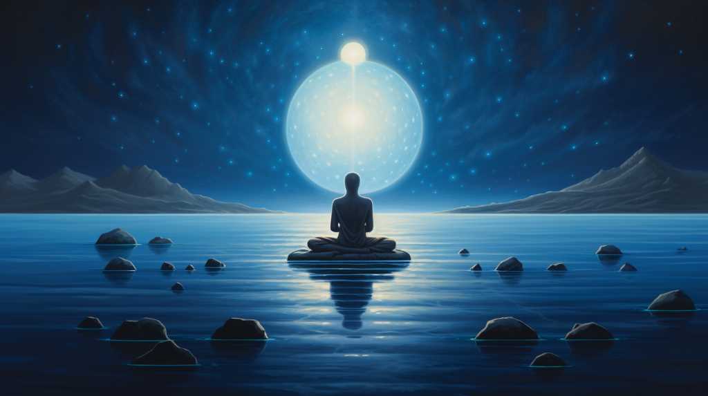 A meditating buddha sitting on a rock in the water.