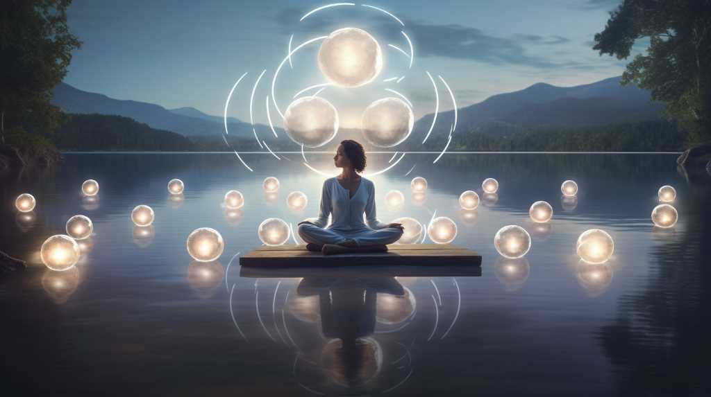 A woman meditating in a lake with a lot of lights surrounding her.