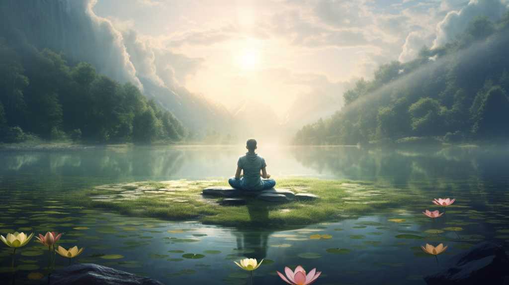 A man is sitting on a lotus in the middle of a lake.