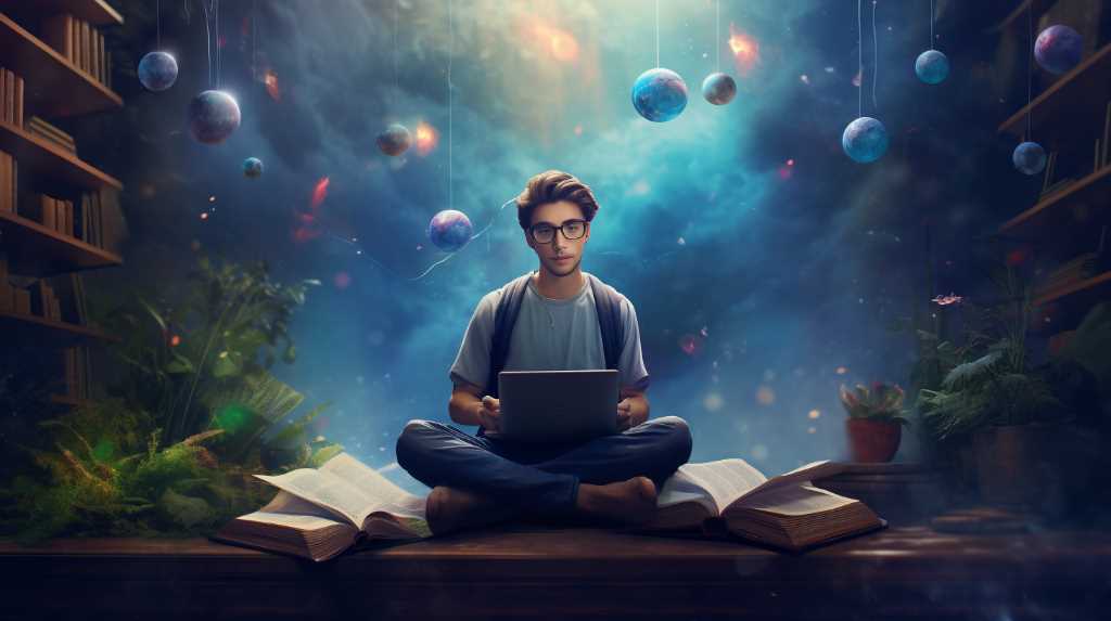 A man sitting in a library with a laptop.