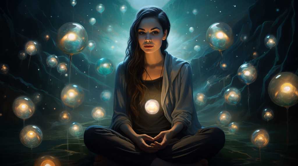 A woman sitting in the middle of a dark cave surrounded by balloons.