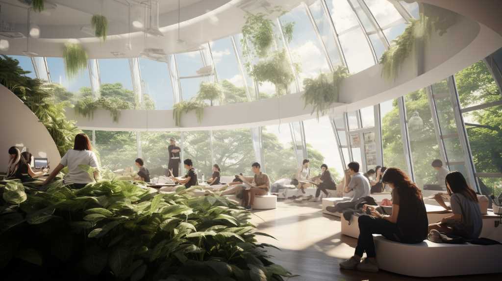 A group of people are sitting in a circular room with plants.
