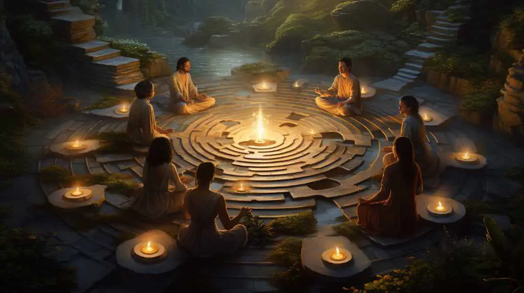 A group of people meditating in a labyrinth.