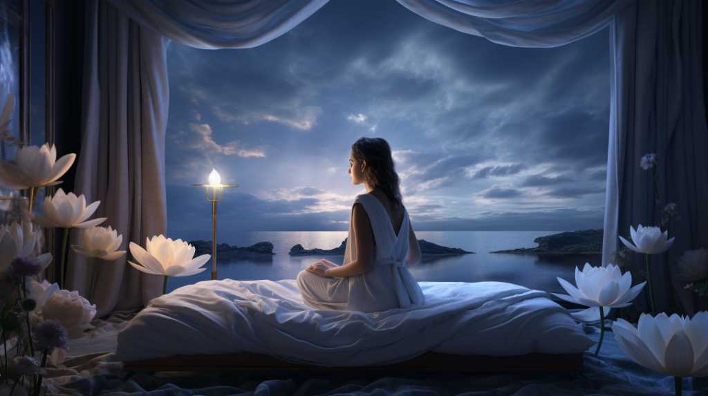 A woman is sitting on a bed with a candle in front of the ocean.