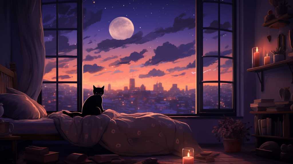 A cat sits on a bed in front of a window looking at the moon.