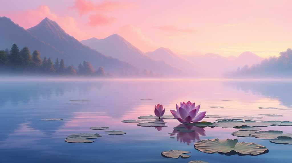 Water lilies in a lake with mountains in the background.