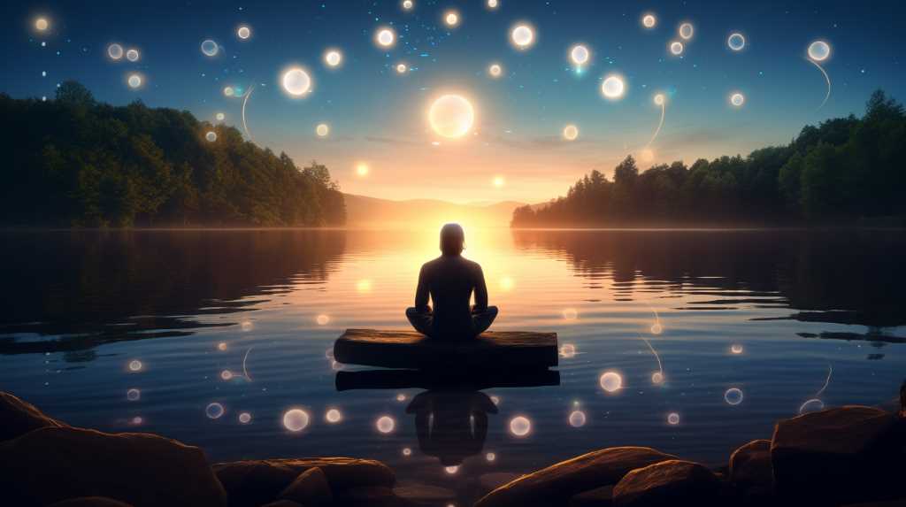 A man is sitting on a boat in the water with stars in the sky.