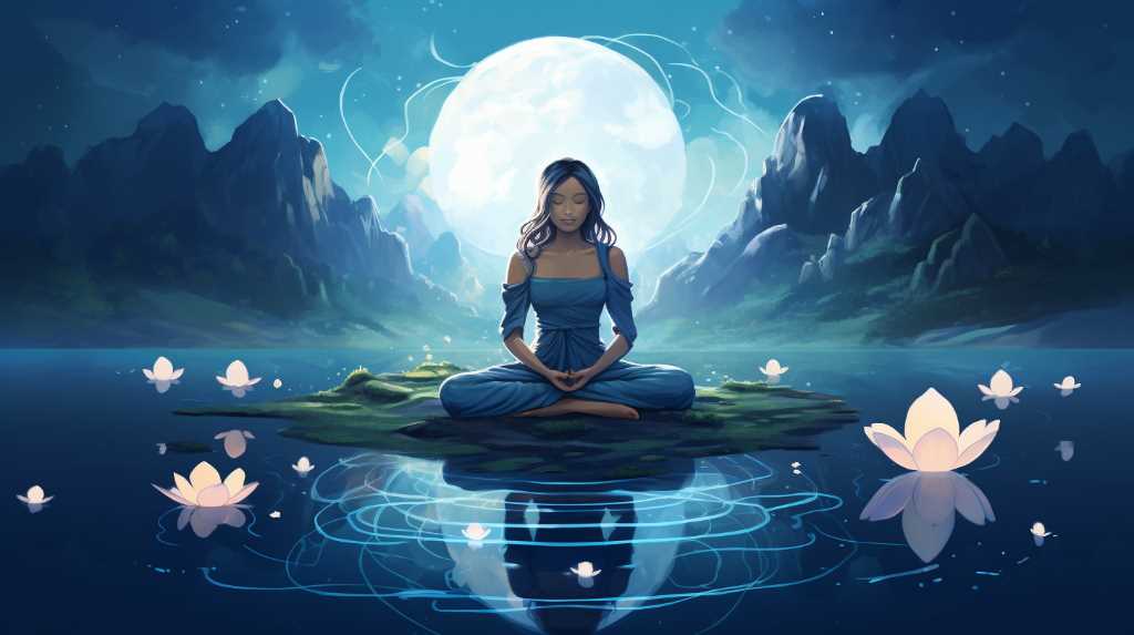 A woman meditating in the water with a lotus flower in the background.