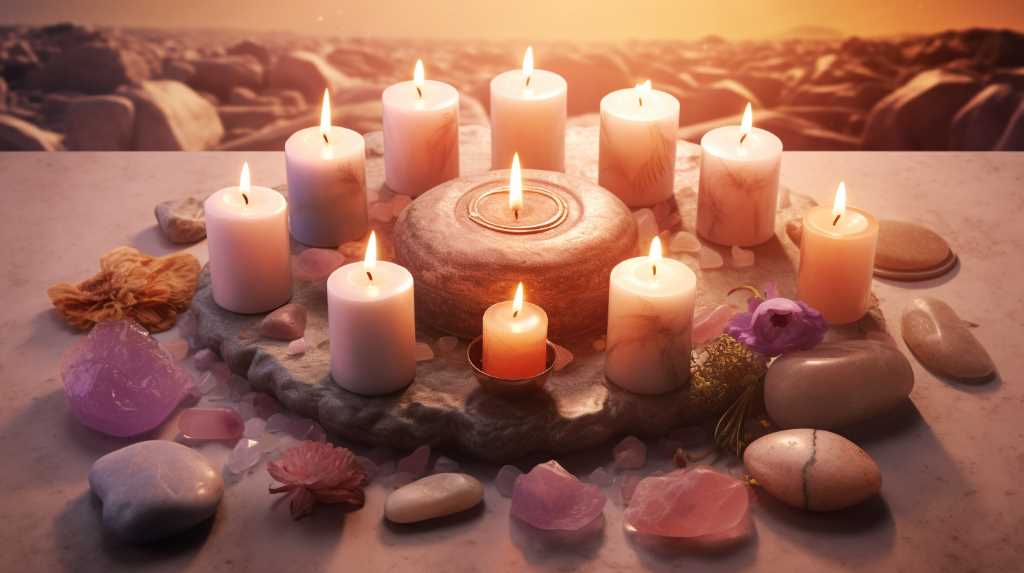 A circle of candles with stones and crystals in the background.