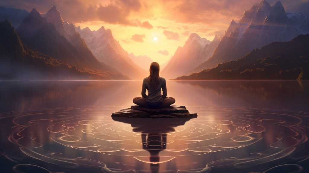 A woman sitting in meditation on a lake with mountains in the background.