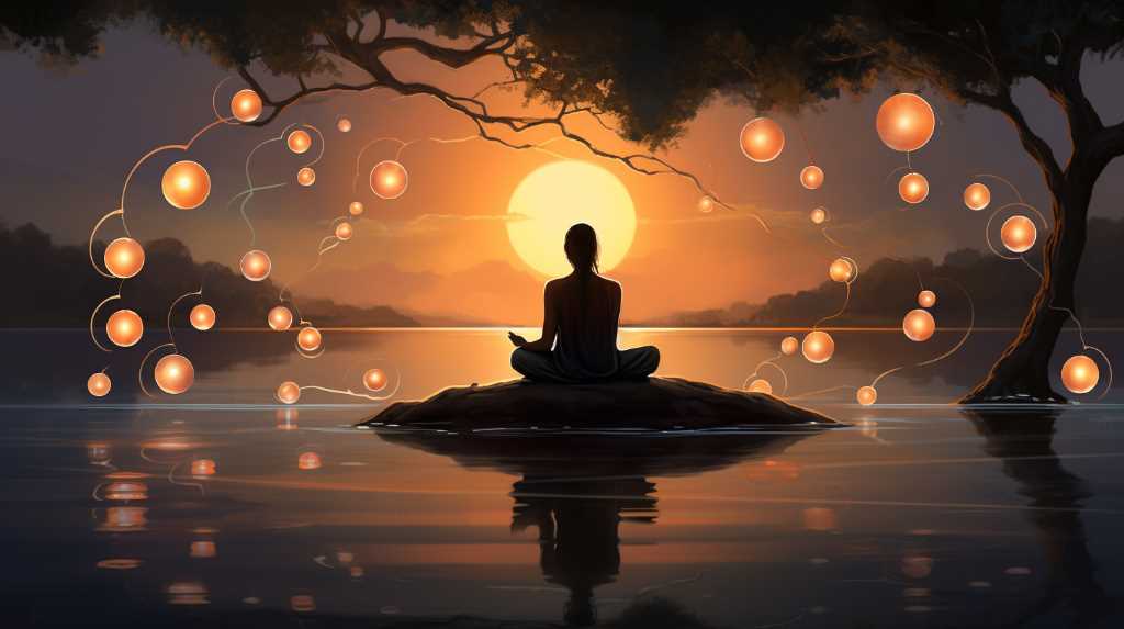 A meditating man sitting in the water with lanterns in the background.