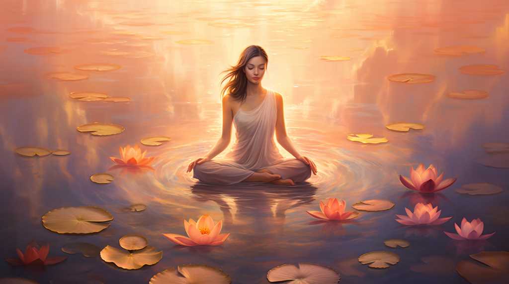 A woman meditating in the water with lotus lilies.