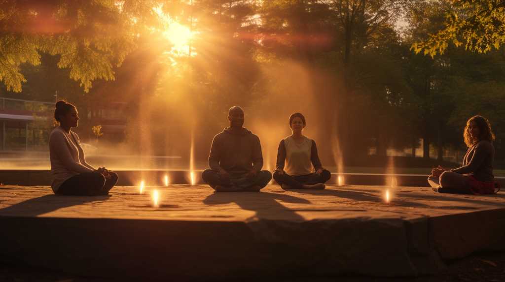 A group of people meditating in a park at sunset.