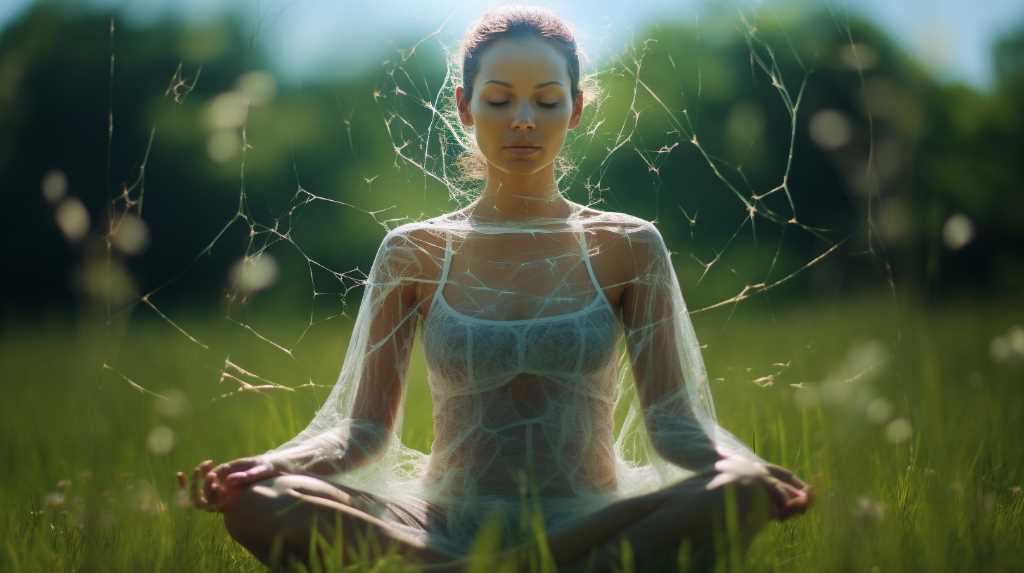 A woman meditating in the grass.