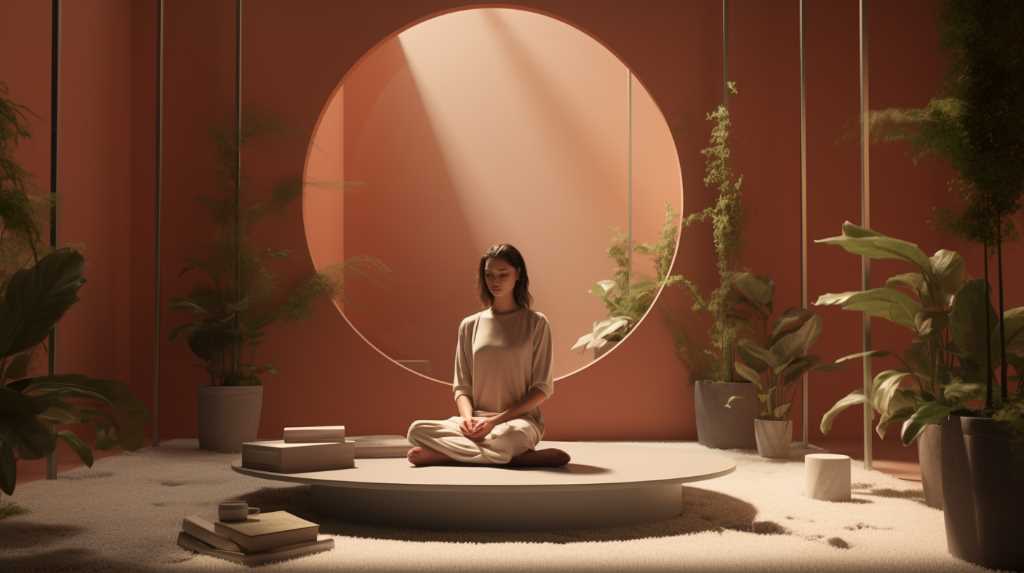 A woman sits in front of a circular mirror in a pink room.