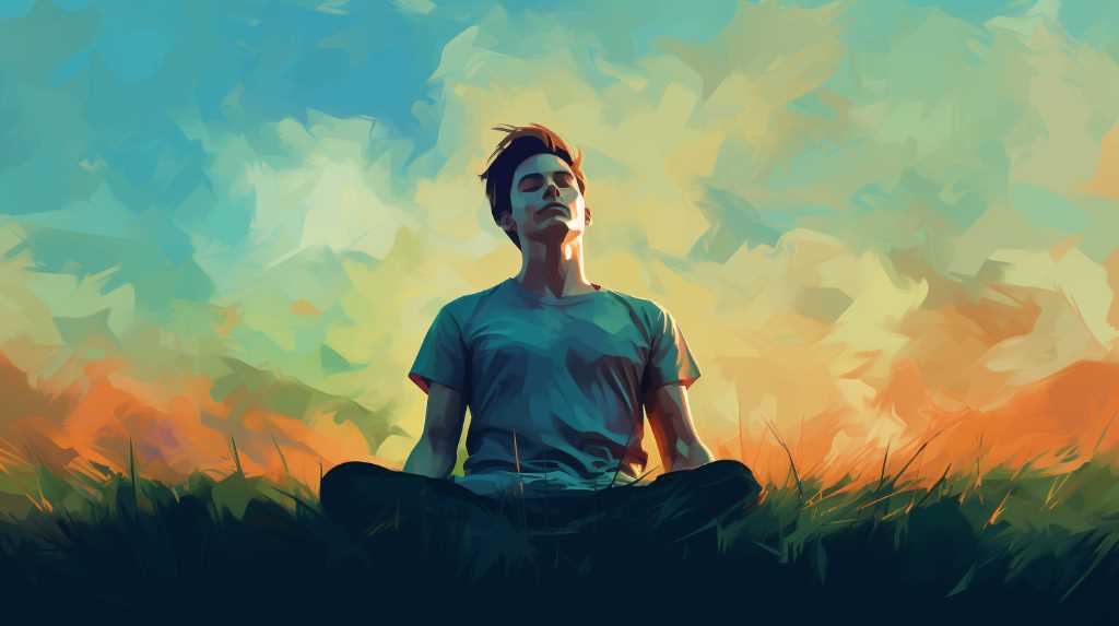 A man meditating in the grass with a sunset background.
