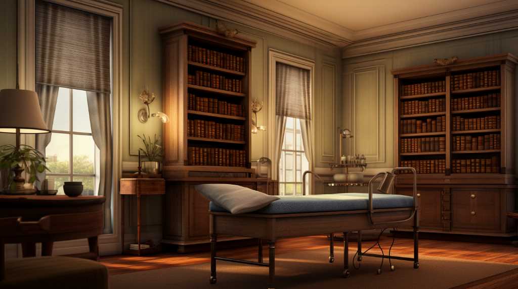 A room with a bed and bookshelves.
