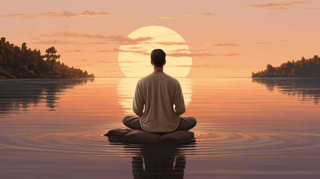 A man meditating in a lake at sunset.