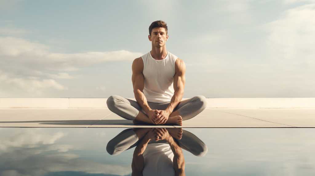A man is meditating in front of a pool.