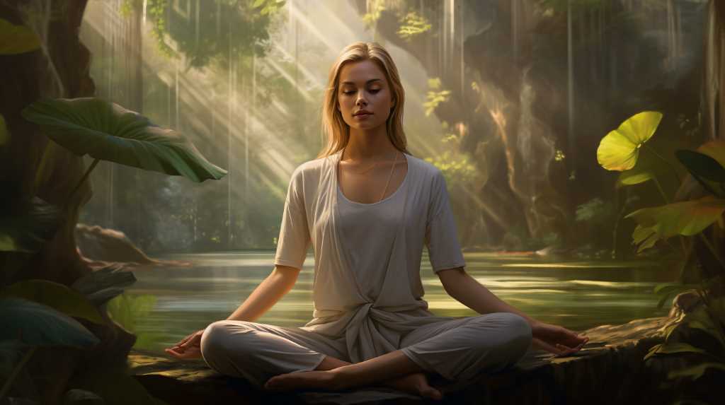 A woman is meditating in the forest.