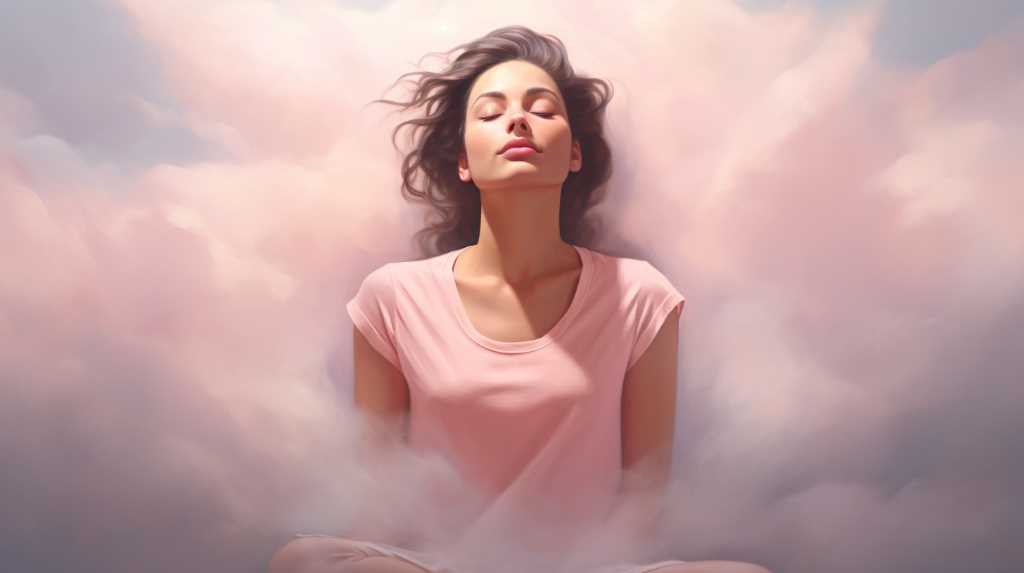 A woman sitting in the clouds with her eyes closed.