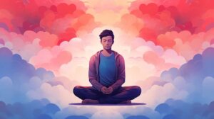 A man meditating in front of colorful clouds.