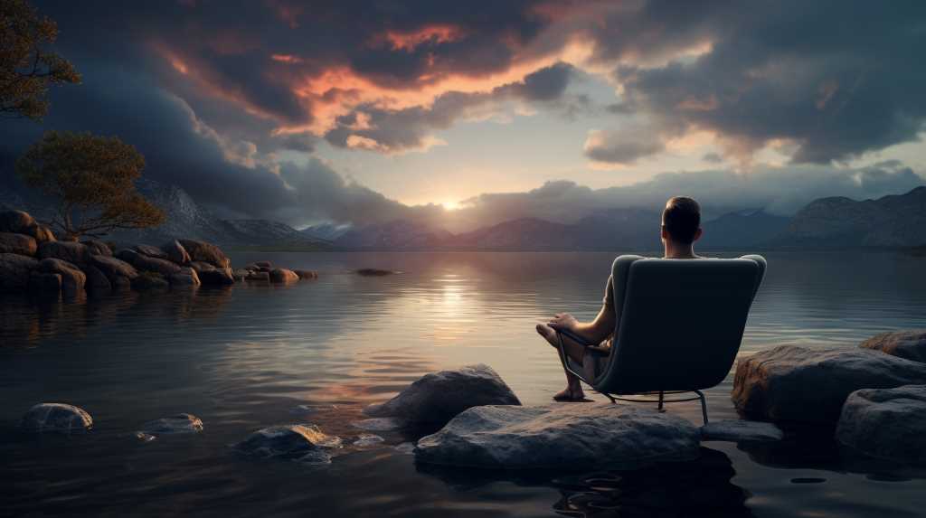 A woman sits on a rock in front of a lake at sunset.