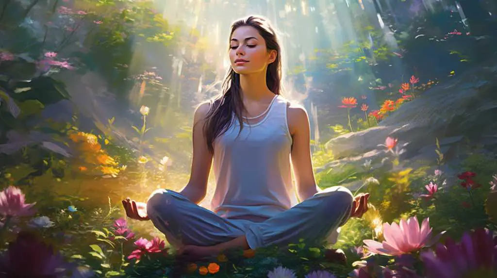 A woman meditating in the forest.