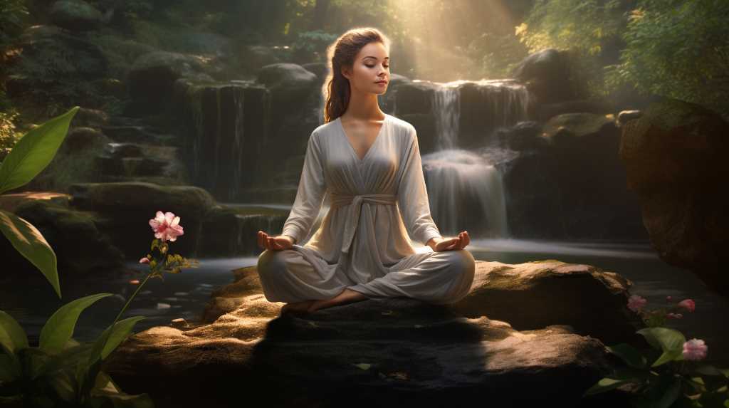 A woman is meditating in the forest near a waterfall.