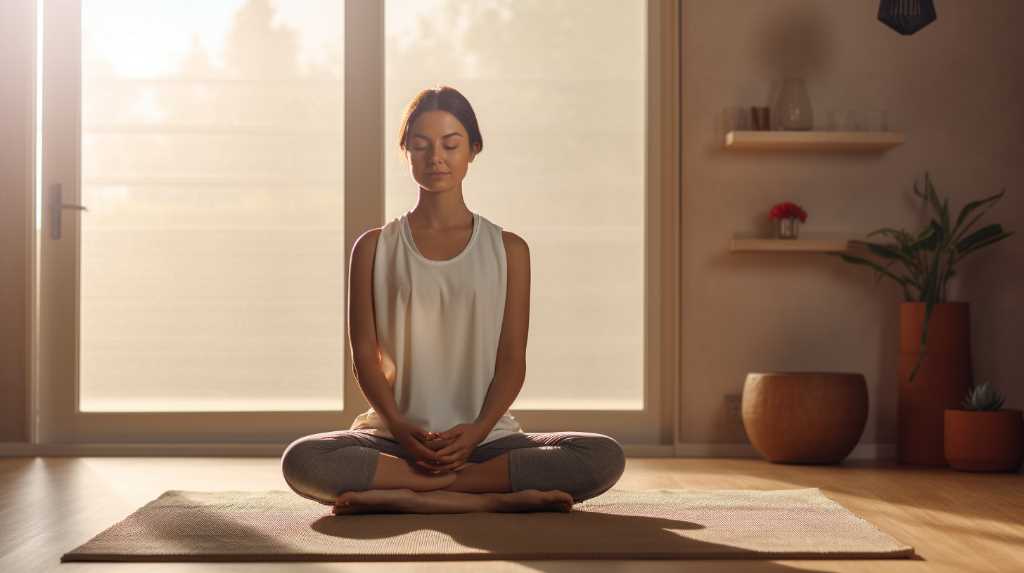 A woman is meditating in front of a window.