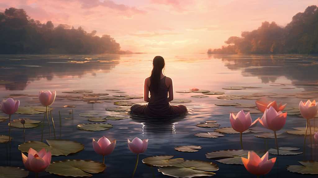 A woman sits in meditation on a lake with lotus lilies.