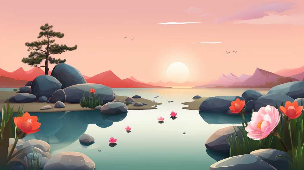 A landscape with rocks and flowers at sunset.
