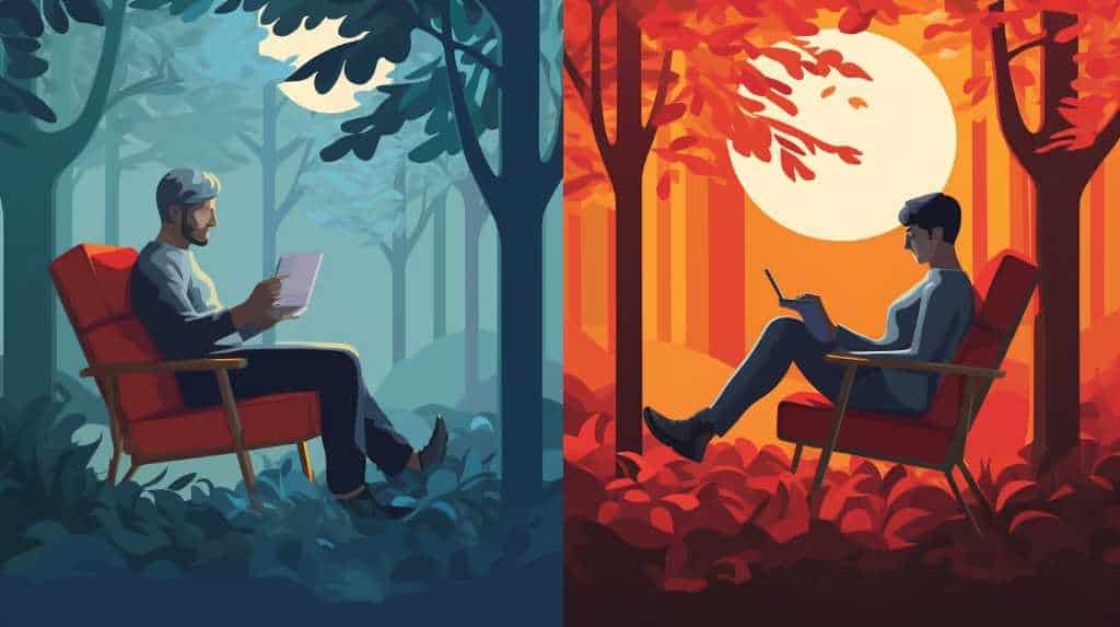 Two people sitting in chairs in the woods.
