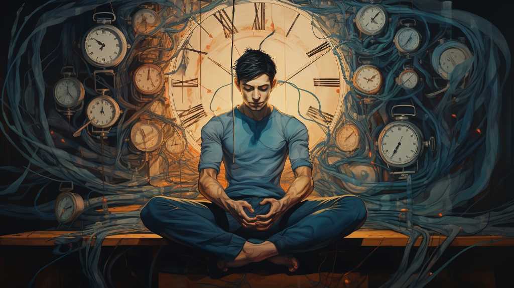 A man meditating in front of a clock.