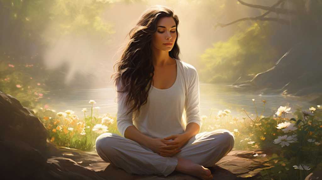 A woman is meditating in the forest.