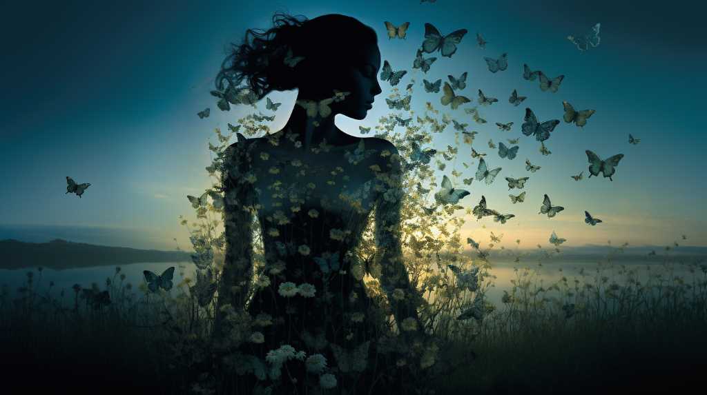 A silhouette of a woman surrounded by butterflies.