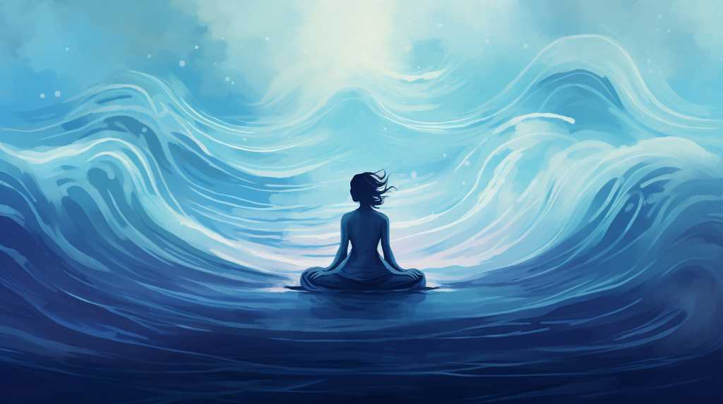 A woman sitting in the ocean with waves in the background.