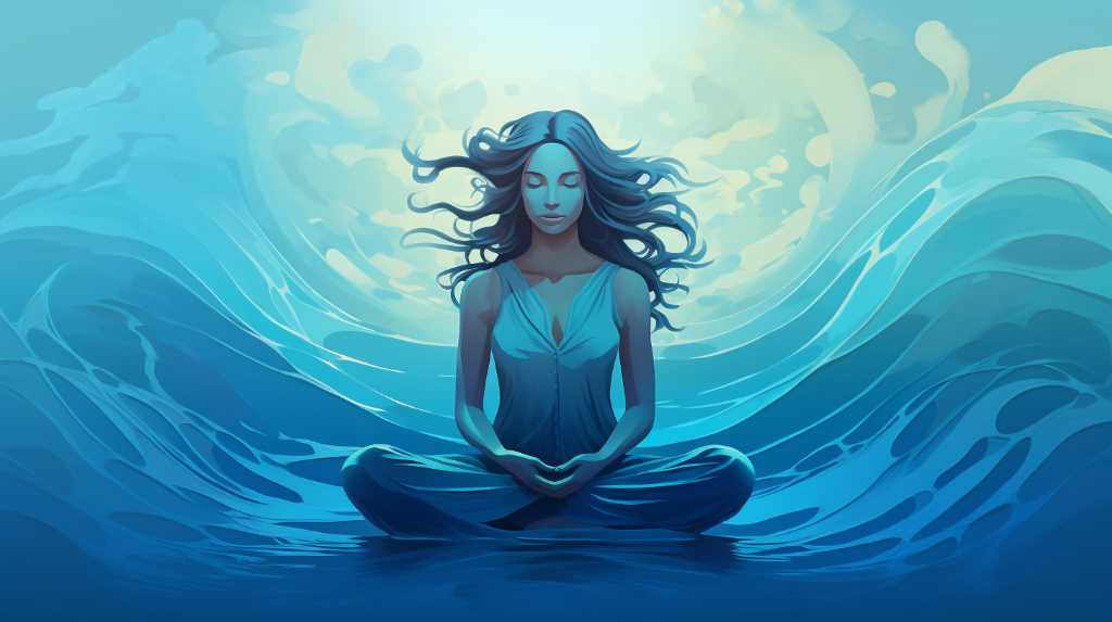 A woman meditating in the ocean.