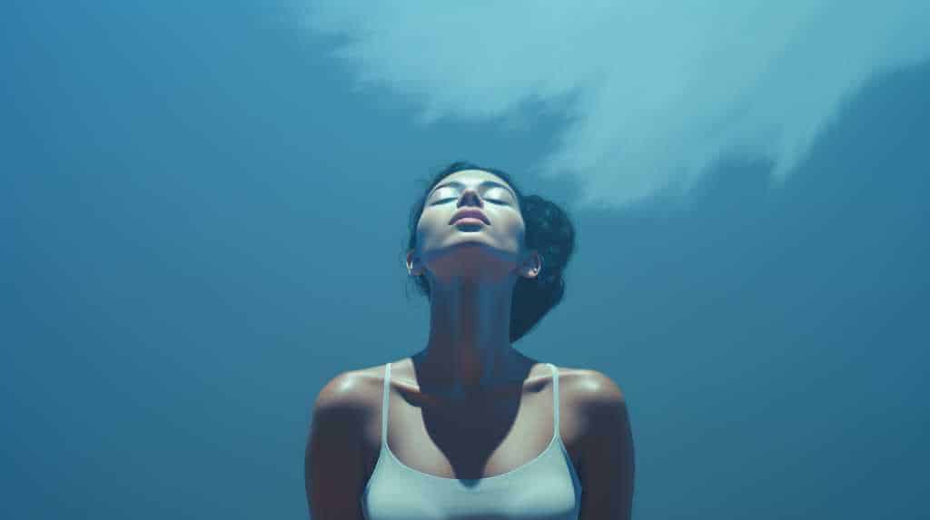 A woman looking up at a cloud in the sky.