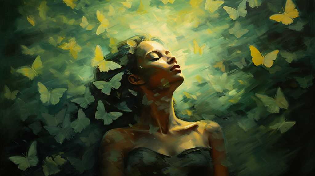 A painting of a woman surrounded by butterflies.