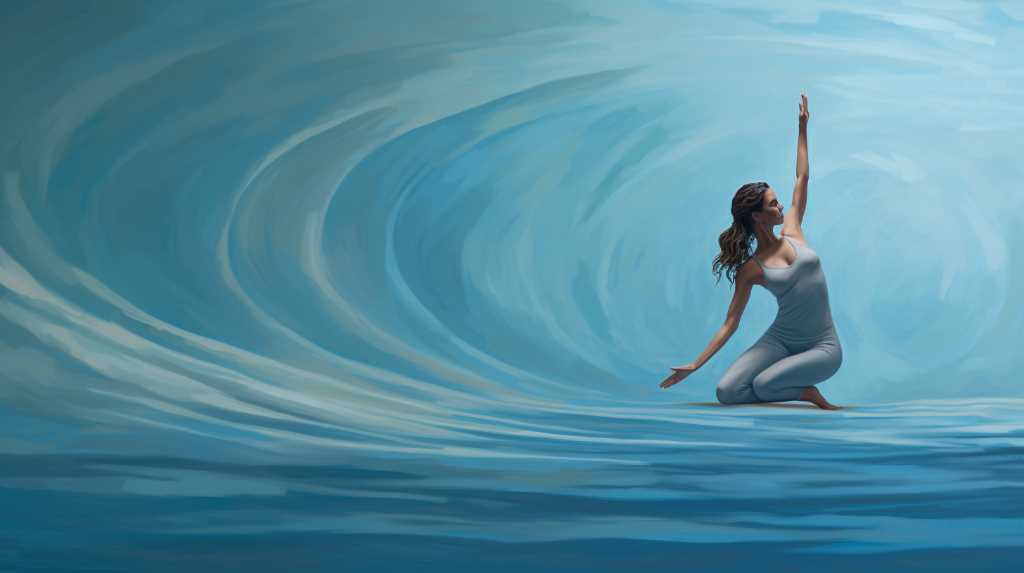 A painting of a woman standing in the middle of a wave.