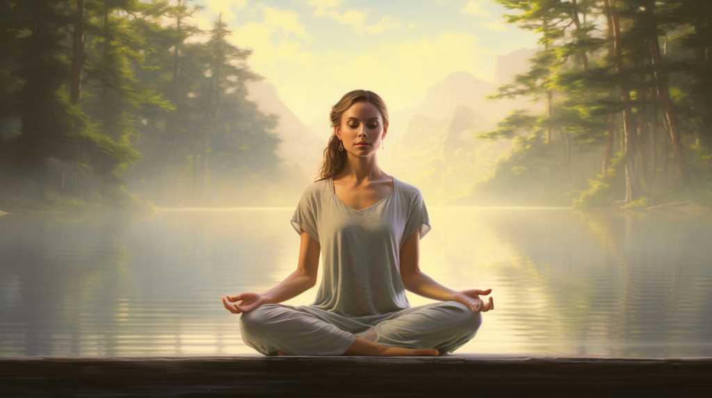 A woman is meditating in a lotus position near a lake.