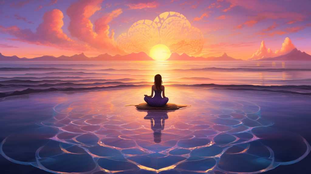 A woman is sitting in the water with a lotus flower in the background.